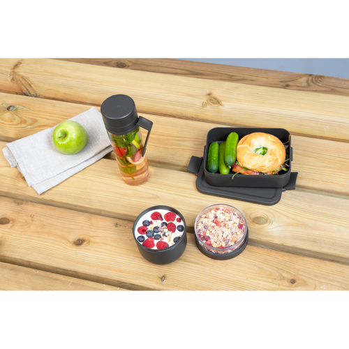 Brabantia Make & Take Ontbijt- en Lunchset, 3-delig, kunststof (waterfles met zeef, yoghurtbeker 0,5 liter, lunchbox medium) - Dark Grey