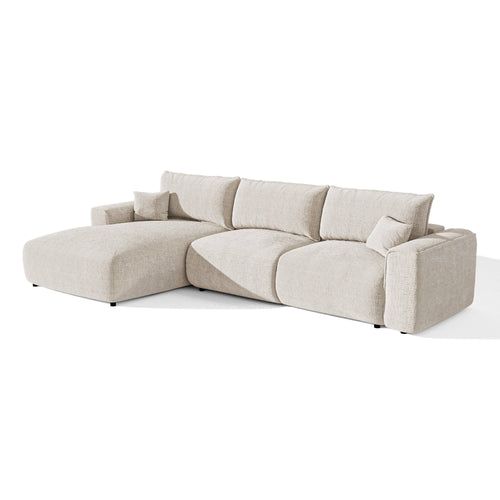 Premium Interiors - Linkshoekbank met snelle uitklapfunctie COMO - zacht aanvoelende geweven stof crème 300cm