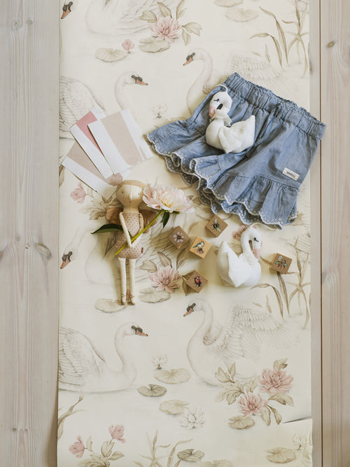 Borastapeter behang zwanen beige en roze - 53 cm x 10.05 m - 660608 - vtwonen shop