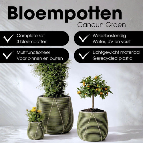 Mica Decorations Cancun Bloempot – Set van 3 – Plantenpot voor Bloemen en Kamerplanten – Bloempotten voor Buiten – Gerecycled Plastic – Lichtgroen