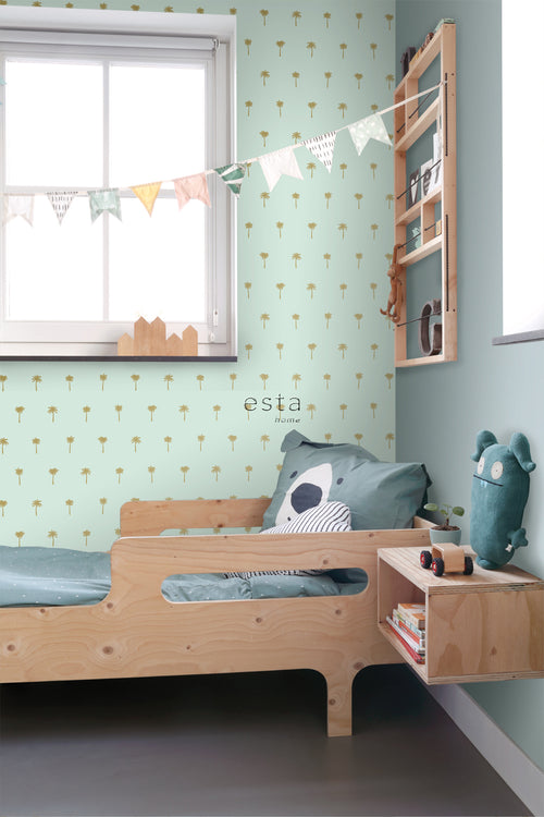ESTAhome behang palmbomen mintgroen en goud - 53 cm x 10.05 m - 139159
