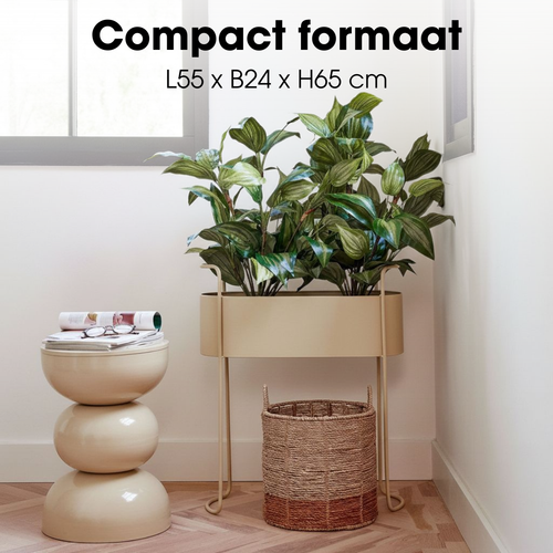 Mica Decorations Moritz Bloempot op Standaard - Plantenpot L55 x B24 x H65 cm - Plantenstandaard op IJzer - Bloempot Binnen of Buiten - Beige