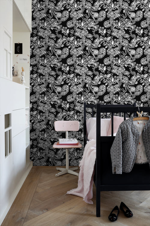 ESTAhome behang funky bloemen en paisleys zwart en wit - 53 cm x 10.05 m - 136844