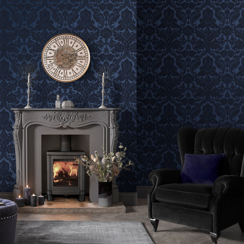 Graham & Brown Vliesbehang - Gothic Damask Flock Cobalt
