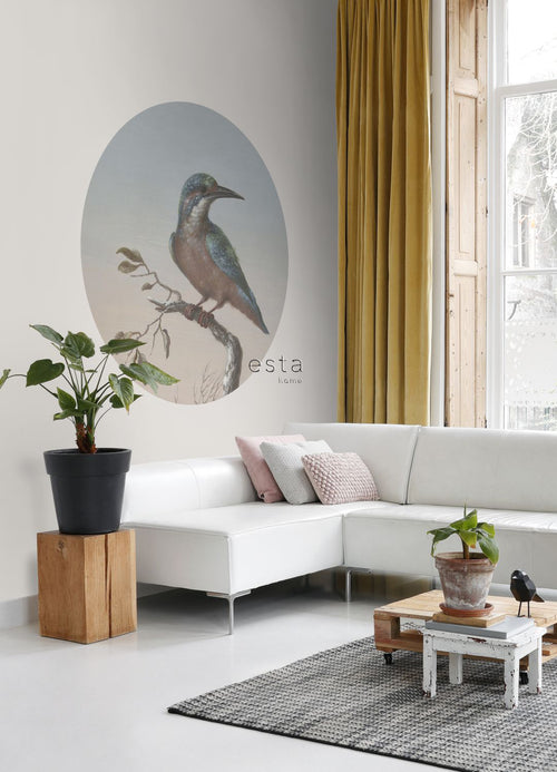 ESTAhome zelfklevende behangcirkel ijsvogel op tak avondrood - Ø 140 cm - 159017 - vtwonen shop