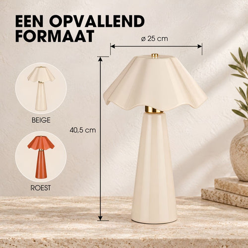 Mica Decorations Meera Tafellamp Beige Keramiek - Geschikt voor E27 Lichtbron Max. 60W - IP20 Classificatie voor Binnengebruik - Decoratieve Geplooide