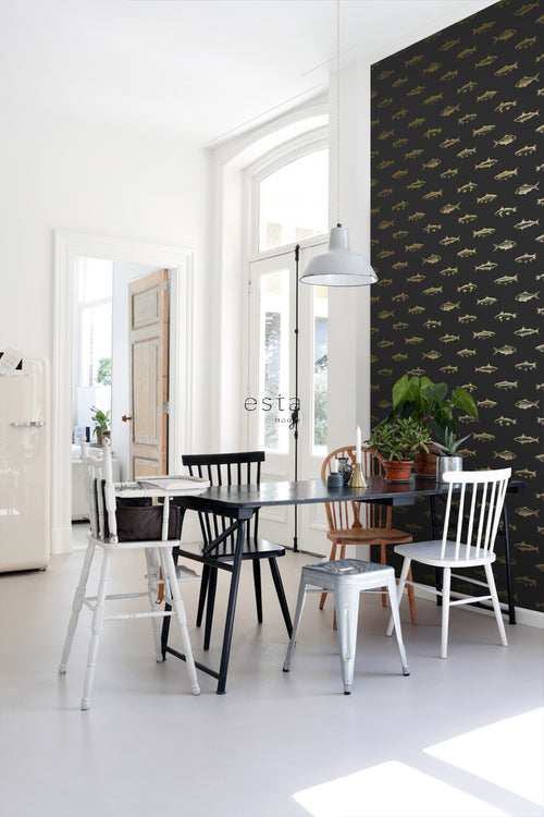 ESTAhome behang pentekening vissen zwart en goud - 53 cm x 10.05 m - 139124