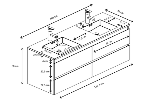Badplaats Badkamermeubel Set Angela 140 cm – Bruin Eiken – Badmeubel met Zwarte Wastafel