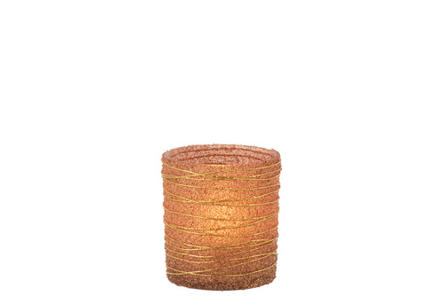 J-Line kaarshouder - theelichthouder Lijnen Glitter - glas - terracotta/goud - small - 8 stuks