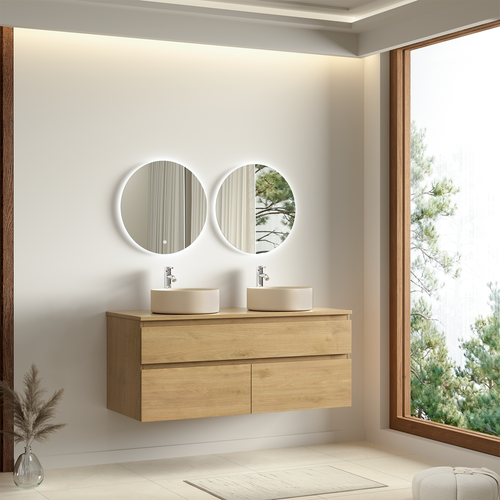 LOMAZOO badkamermeubel Alira - zwevend met 2 ronde wastafels - licht eiken - 120 cm