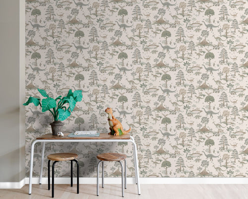 ESTAhome behang dinosaurussen grijs en groen - 50 x 900 cm - 132174