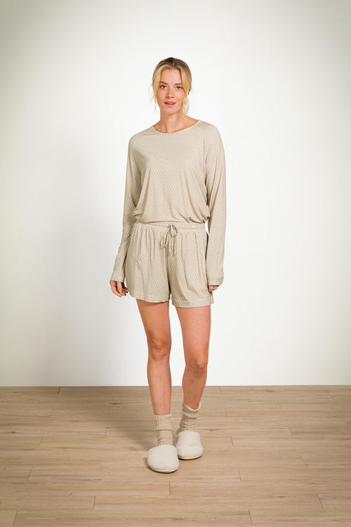 Pip Studio - Tina Pyjama t-shirt - Lange mouw Dames - Thousand Leaves - Zand - S - vtwonen shop