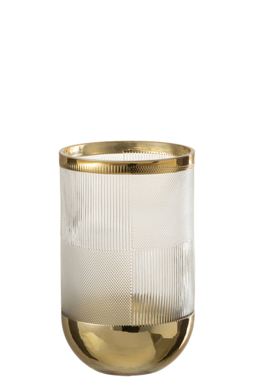 J-Line vaas Cylinder Motief - glas - transparant/goud - small - Ø 13 cm