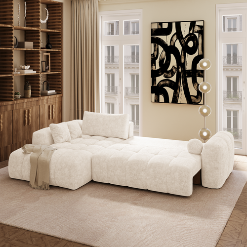Premium Interiors - Linkshoekbank met slaapfunctie en opbergruimte SKY - gewaafd fluweel crème 310cm