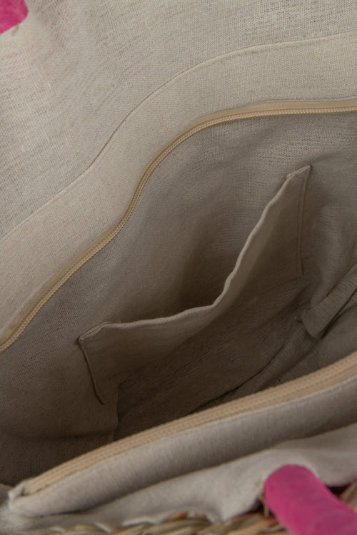 J-Line strandtas Rond Bloem - zeegras - naturel/fushia - vtwonen shop