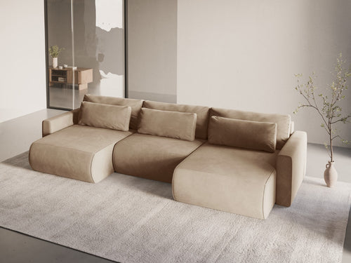 Cosmopolitan Design Converteerbare panoramische bank met opbergdoos Belfast 4-zits, flueel amandelbeige - 149x340x84cm