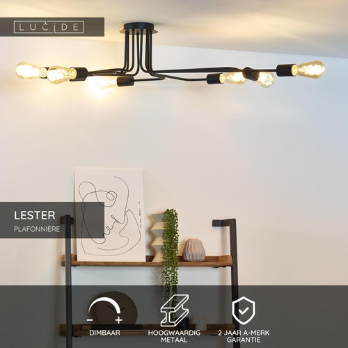 Lucide plafonnière LESTER - 8xE27 - Zwart