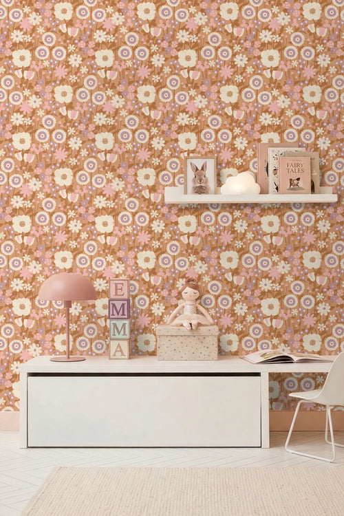 ESTAhome behang retro bloemen terracotta bruin, roze en paars - 50 x 900 cm - 132161
