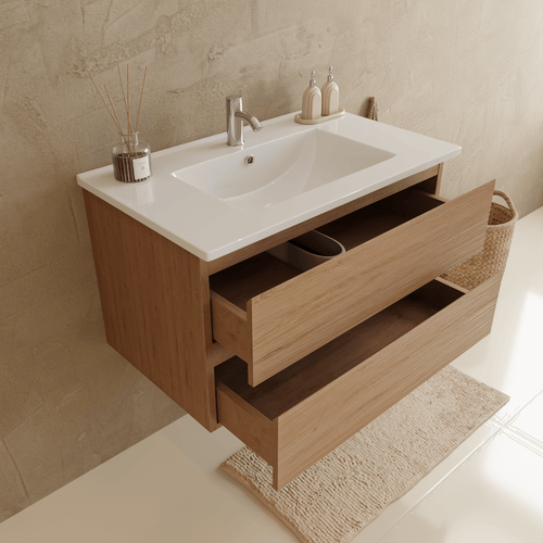 LOMAZOO badmeubelset Verona - met hoge kast & witte wastafel - licht eiken - 80 cm