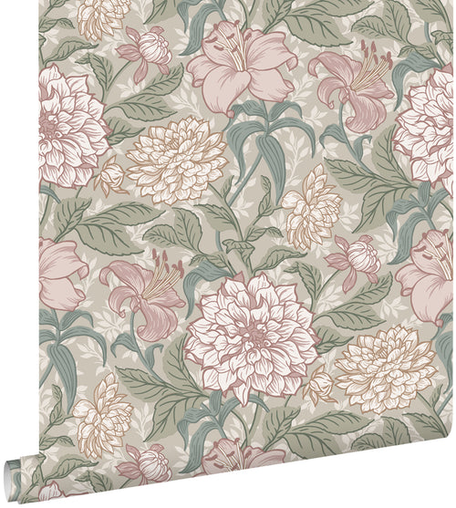 ESTAhome behang vintage bloemen oudroze en vergrijsd groen - 53 cm x 10.05 m - 139377