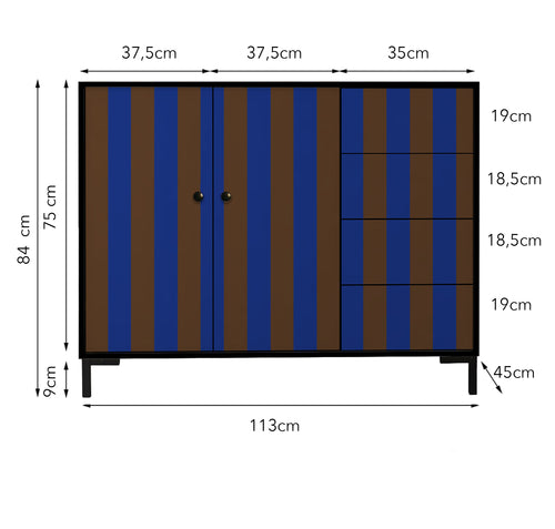 Laag dressoir van MDF met verticaal streeppatroon in blauw- en bruintinten