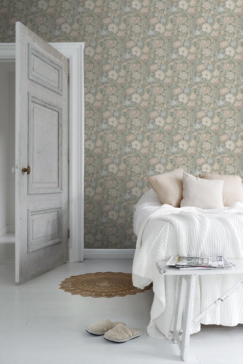 Borastapeter behang vintage bloemen vergrijsd groen - 53 cm x 10.05 m - 660219 - vtwonen shop