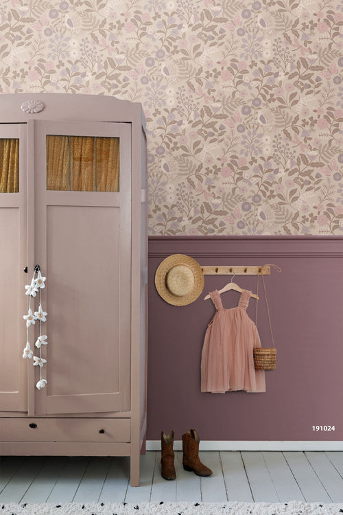 ESTAhome behang bloemen en vogels taupe en lila paars - 50 x 900 cm - 132231