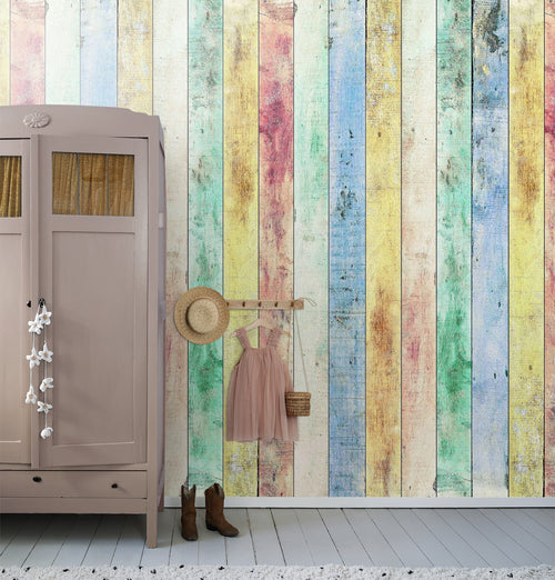 Sanders & Sanders fotobehang houten planken groen, blauw en rood - 375 x 270 cm - 600540