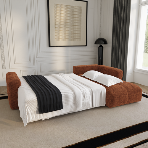 Premium Interiors - Rechthoekige hoekbank met slaapfunctie en opbergruimte VIBE - zacht aanvoelende geweven stof terracotta 286cm