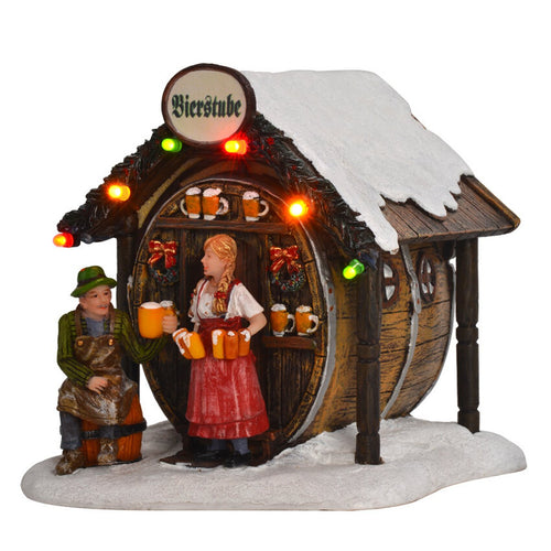 Luville Kerstdorp Miniatuur Bierstube - Kerstversiering Kerstdorpminiatuur met Verlichting - Guirlande Café in Biervat Vorm - Kerstslingers met Vrouw