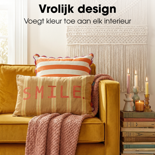 Mica Decorations Smile Sierkussen - Kussen met Kussenhoes - Woondecoratie Woonkamer - 55 x 35 x 10 cm - Katoen - Bruin, Oranje, Geel