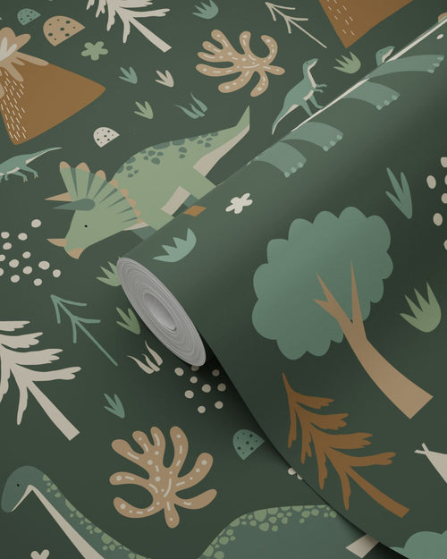 ESTAhome behang dinosaurussen donkergroen en bruin - 53 cm x 10.05 m - 139802