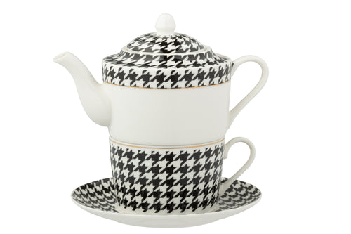 J-Line theepot Pied-Poule - porselein - wit/zwart
