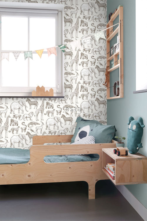 ESTAhome behang jungle dieren gebroken wit - 53 cm x 10.05 m - 139510