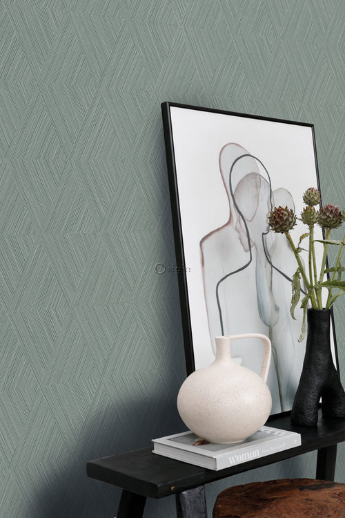 Origin Wallcoverings behang grafisch 3D motief groen grijs - 50 x 900 cm - 347842 - vtwonen shop