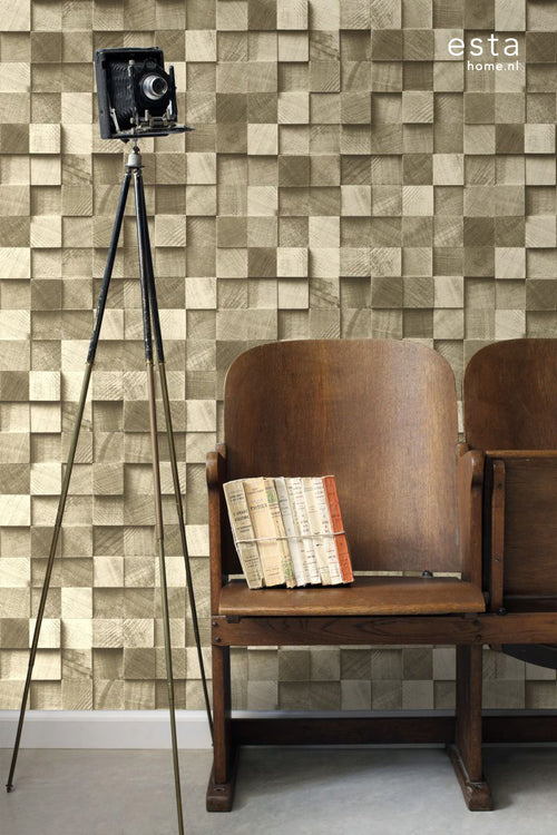 ESTAhome behang 3D-houtmotief donker beige - 53 cm x 10.05 m - 138529
