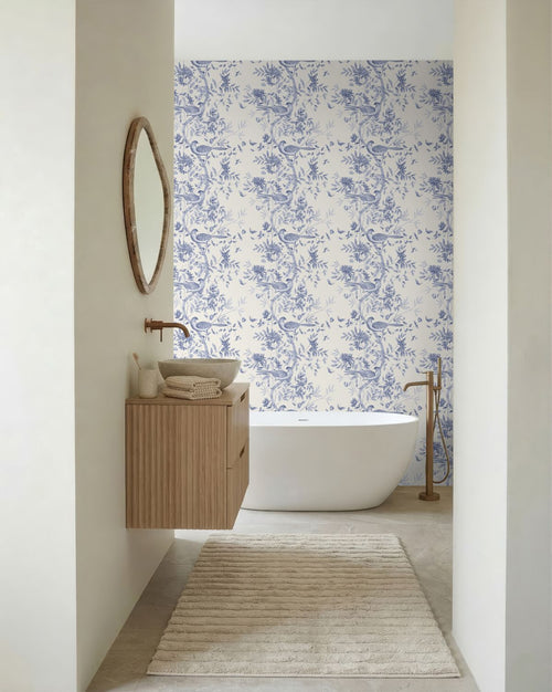 ESTAhome behang bloemen en vogels delfts blauw - 50 x 900 cm - 132115