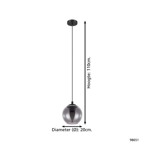 EGLO hanglamp Ariscani - e27 - ø 20 cm - rookglas - zwart