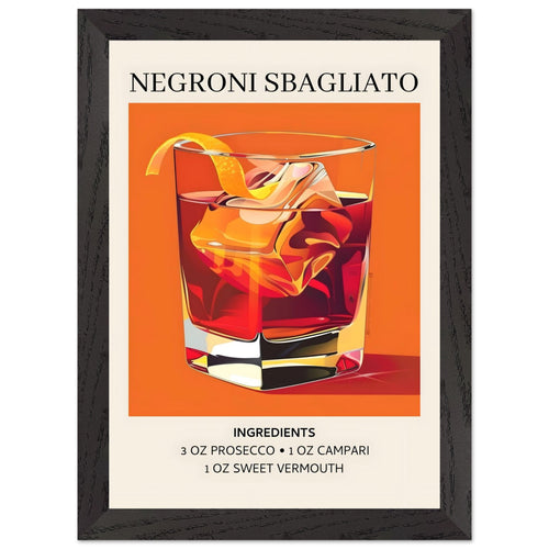 Artfulprints Poster met Lijst Negroni Sbagliato cocktail - Ingrediënten   - A4 21x29.7 cm - Oranje