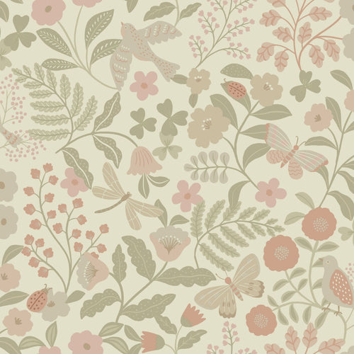 ESTAhome behang bloemen en vogels groen en roze - 53 cm x 10.05 m - 139869