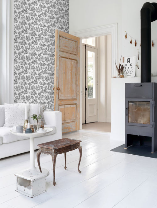 ESTAhome behang toile de jouy print zwart - 53 cm x 10.05 m - 136820