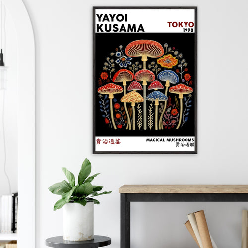 Artfulprints Poster met Lijst Yayoi Kusama - Magical mushrooms   - A4 21x29.7 cm - Meerkleurig