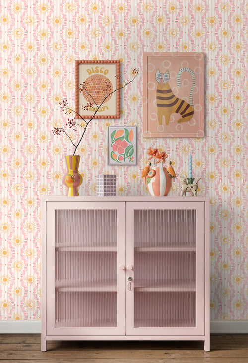 ESTAhome behang retro ornamenten roze, rood en geel - 50 x 900 cm - 132018