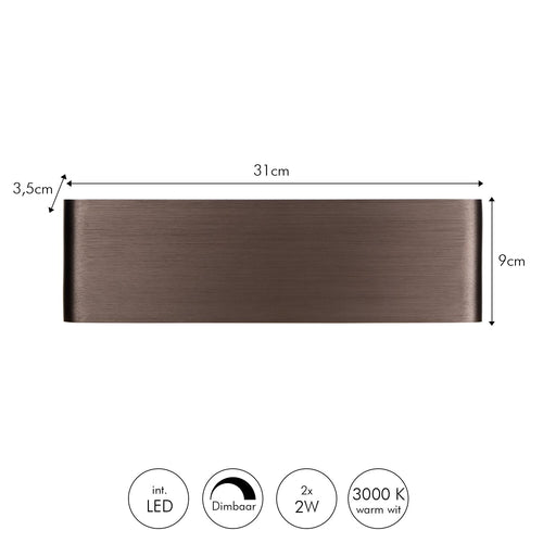 Atmooz wandlamp Mateo - geborsteld brons - 31 x 3,5 x H 9 cm - geïntegreerde led