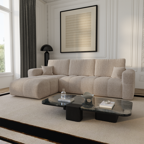 Premium Interiors - Linkshoekbank met slaapfunctie en opbergruimte VIBE - zacht aanvoelende geweven stof beige 286cm