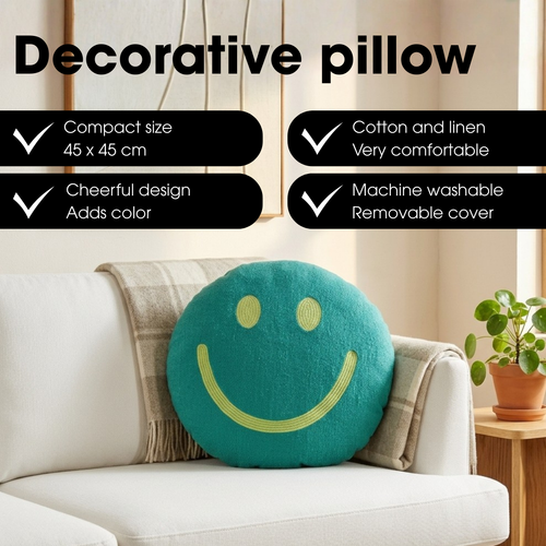 Mica Decorations Smiley Sierkussen - Kussen met Kussenhoes - Woondecoratie Woonkamer - Ø45 x 10 cm - Katoen, Polyester - Groen