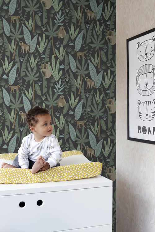 ESTAhome behang jungle apen zwart, donkergroen en mintgroen - 53 cm x 10.05 m - 139074