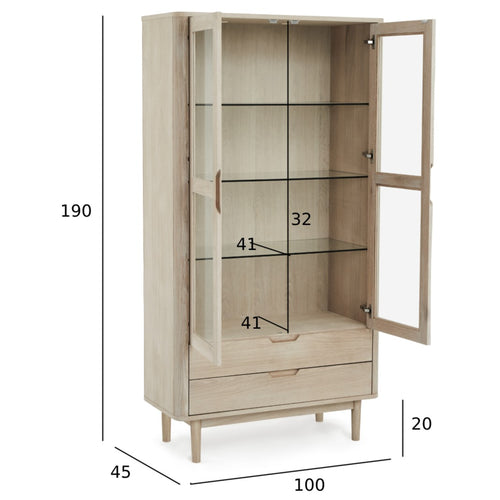 Furnhouse vitrinekast Nyborg - Witte olie - MDF, Eikenfineer, Glas - 45x100x190