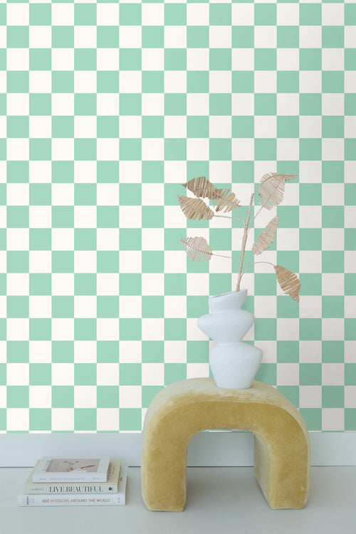 ESTAhome behang geblokt motief mintgroen en wit - 53 cm x 10.05 m - 139999 - vtwonen shop