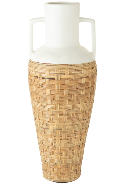J-Line vaas + Handvaten Geweven - terracotta/rotan - wit/naturel - 100 cm hoog - vtwonen shop